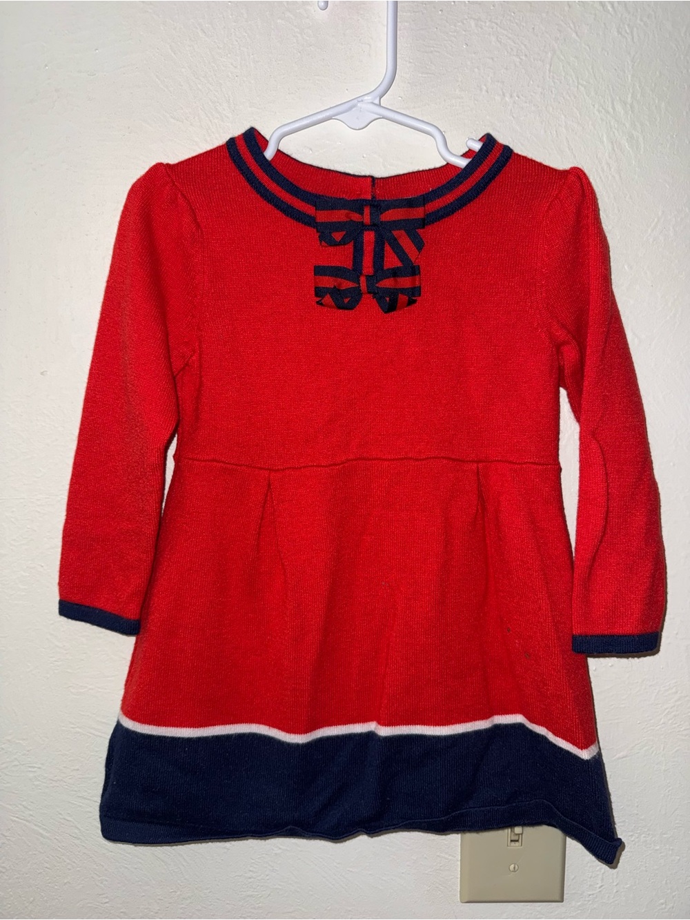 Janie and Jack Red Knit Dress with Navy Trim and Bow Accent